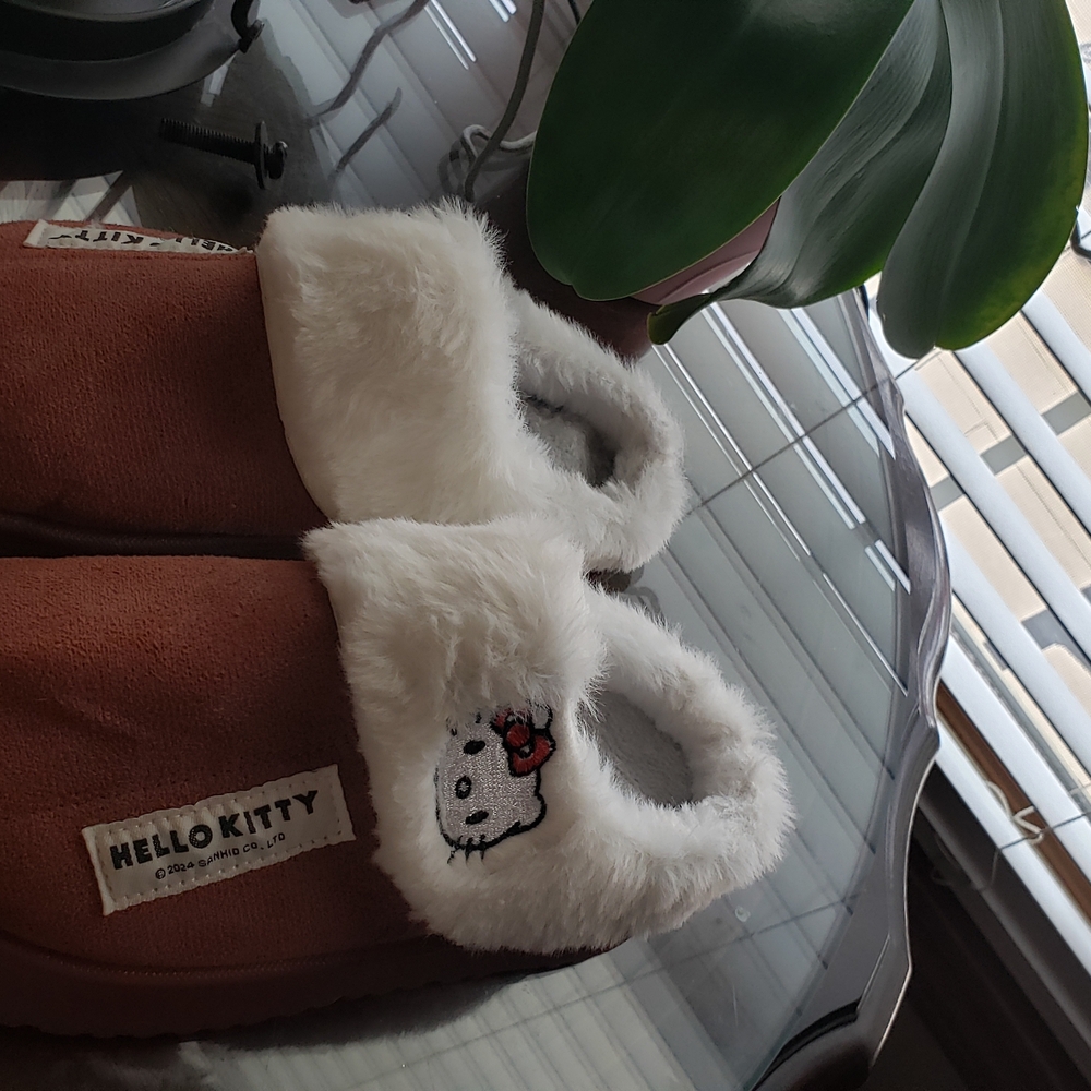 Hello Kitty Brown and White Fuzzy Kids Slippers